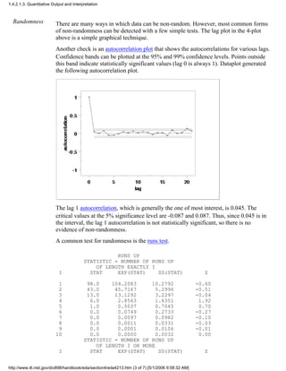 Randomness There are many ways in which data can be non-random. However, most common forms
of non-randomness can be detected with a few simple tests. The lag plot in the 4-plot
above is a simple graphical technique.
Another check is an autocorrelation plot that shows the autocorrelations for various lags.
Confidence bands can be plotted at the 95% and 99% confidence levels. Points outside
this band indicate statistically significant values (lag 0 is always 1). Dataplot generated
the following autocorrelation plot.
The lag 1 autocorrelation, which is generally the one of most interest, is 0.045. The
critical values at the 5% significance level are -0.087 and 0.087. Thus, since 0.045 is in
the interval, the lag 1 autocorrelation is not statistically significant, so there is no
evidence of non-randomness.
A common test for randomness is the runs test.
RUNS UP
STATISTIC = NUMBER OF RUNS UP
OF LENGTH EXACTLY I
I STAT EXP(STAT) SD(STAT) Z
1 98.0 104.2083 10.2792 -0.60
2 43.0 45.7167 5.2996 -0.51
3 13.0 13.1292 3.2297 -0.04
4 6.0 2.8563 1.6351 1.92
5 1.0 0.5037 0.7045 0.70
6 0.0 0.0749 0.2733 -0.27
7 0.0 0.0097 0.0982 -0.10
8 0.0 0.0011 0.0331 -0.03
9 0.0 0.0001 0.0106 -0.01
10 0.0 0.0000 0.0032 0.00
STATISTIC = NUMBER OF RUNS UP
OF LENGTH I OR MORE
I STAT EXP(STAT) SD(STAT) Z
1.4.2.1.3. Quantitative Output and Interpretation
http://www.itl.nist.gov/div898/handbook/eda/section4/eda4213.htm (3 of 7) [5/1/2006 9:58:32 AM]
 