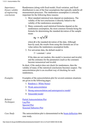 Importance:
Ensure validity
of engineering
conclusions
Randomness (along with fixed model, fixed variation, and fixed
distribution) is one of the four assumptions that typically underlie all
measurement processes. The randomness assumption is critically
important for the following three reasons:
Most standard statistical tests depend on randomness. The
validity of the test conclusions is directly linked to the
validity of the randomness assumption.
1.
Many commonly-used statistical formulae depend on the
randomness assumption, the most common formula being the
formula for determining the standard deviation of the sample
mean:
where is the standard deviation of the data. Although
heavily used, the results from using this formula are of no
value unless the randomness assumption holds.
2.
For univariate data, the default model is
Y = constant + error
If the data are not random, this model is incorrect and invalid,
and the estimates for the parameters (such as the constant)
become nonsensical and invalid.
3.
In short, if the analyst does not check for randomness, then the
validity of many of the statistical conclusions becomes suspect. The
autocorrelation plot is an excellent way of checking for such
randomness.
Examples Examples of the autocorrelation plot for several common situations
are given in the following pages.
Random (= White Noise)1.
Weak autocorrelation2.
Strong autocorrelation and autoregressive model3.
Sinusoidal model4.
Related
Techniques
Partial Autocorrelation Plot
Lag Plot
Spectral Plot
Seasonal Subseries Plot
Case Study The autocorrelation plot is demonstrated in the beam deflection data
case study.
1.3.3.1. Autocorrelation Plot
http://www.itl.nist.gov/div898/handbook/eda/section3/eda331.htm (4 of 5) [5/1/2006 9:56:30 AM]
 