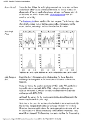 Better Model Since the data follow the underlying assumptions, but with a uniform
distribution rather than a normal distribution, we would still like to
characterize C by a typical value plus or minus a confidence interval.
In this case, we would like to find a location estimator with the
smallest variability.
The bootstrap plot is an ideal tool for this purpose. The following plots
show the bootstrap plot, with the corresponding histogram, for the
mean, median, mid-range, and median absolute deviation.
Bootstrap
Plots
Mid-Range is
Best
From the above histograms, it is obvious that for these data, the
mid-range is far superior to the mean or median as an estimate for
location.
Using the mean, the location estimate is 0.507 and a 95% confidence
interval for the mean is (0.482,0.534). Using the mid-range, the
location estimate is 0.499 and the 95% confidence interval for the
mid-range is (0.497,0.503).
Although the values for the location are similar, the difference in the
uncertainty intervals is quite large.
Note that in the case of a uniform distribution it is known theoretically
that the mid-range is the best linear unbiased estimator for location.
However, in many applications, the most appropriate estimator will not
be known or it will be mathematically intractable to determine a valid
condfidence interval. The bootstrap provides a method for determining
1.4.2.2.2. Graphical Output and Interpretation
http://www.itl.nist.gov/div898/handbook/eda/section4/eda4222.htm (6 of 7) [5/1/2006 9:58:33 AM]
 