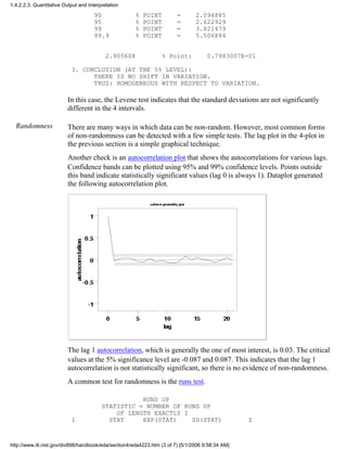 90 % POINT = 2.094885
95 % POINT = 2.622929
99 % POINT = 3.821479
99.9 % POINT = 5.506884
2.905608 % Point: 0.7983007E-01
3. CONCLUSION (AT THE 5% LEVEL):
THERE IS NO SHIFT IN VARIATION.
THUS: HOMOGENEOUS WITH RESPECT TO VARIATION.
In this case, the Levene test indicates that the standard deviations are not significantly
different in the 4 intervals.
Randomness There are many ways in which data can be non-random. However, most common forms
of non-randomness can be detected with a few simple tests. The lag plot in the 4-plot in
the previous section is a simple graphical technique.
Another check is an autocorrelation plot that shows the autocorrelations for various lags.
Confidence bands can be plotted using 95% and 99% confidence levels. Points outside
this band indicate statistically significant values (lag 0 is always 1). Dataplot generated
the following autocorrelation plot.
The lag 1 autocorrelation, which is generally the one of most interest, is 0.03. The critical
values at the 5% significance level are -0.087 and 0.087. This indicates that the lag 1
autocorrelation is not statistically significant, so there is no evidence of non-randomness.
A common test for randomness is the runs test.
RUNS UP
STATISTIC = NUMBER OF RUNS UP
OF LENGTH EXACTLY I
I STAT EXP(STAT) SD(STAT) Z
1.4.2.2.3. Quantitative Output and Interpretation
http://www.itl.nist.gov/div898/handbook/eda/section4/eda4223.htm (3 of 7) [5/1/2006 9:58:34 AM]
 