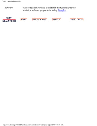 Software Autocorrelation plots are available in most general purpose
statistical software programs including Dataplot.
1.3.3.1. Autocorrelation Plot
http://www.itl.nist.gov/div898/handbook/eda/section3/eda331.htm (5 of 5) [5/1/2006 9:56:30 AM]
 