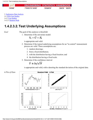 1. Exploratory Data Analysis
1.4. EDA Case Studies
1.4.2. Case Studies
1.4.2.3. Random Walk
1.4.2.3.2.Test Underlying Assumptions
Goal The goal of this analysis is threefold:
Determine if the univariate model:
is appropriate and valid.
1.
Determine if the typical underlying assumptions for an "in control" measurement
process are valid. These assumptions are:
random drawings;1.
from a fixed distribution;2.
with the distribution having a fixed location; and3.
the distribution having a fixed scale.4.
2.
Determine if the confidence interval
is appropriate and valid, with s denoting the standard deviation of the original data.
3.
4-Plot of Data
1.4.2.3.2. Test Underlying Assumptions
http://www.itl.nist.gov/div898/handbook/eda/section4/eda4232.htm (1 of 7) [5/1/2006 9:58:36 AM]
 