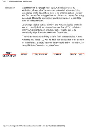 Discussion Note that with the exception of lag 0, which is always 1 by
definition, almost all of the autocorrelations fall within the 95%
confidence limits. In addition, there is no apparent pattern (such as
the first twenty-five being positive and the second twenty-five being
negative). This is the abscence of a pattern we expect to see if the
data are in fact random.
A few lags slightly outside the 95% and 99% confidence limits do
not neccessarily indicate non-randomness. For a 95% confidence
interval, we might expect about one out of twenty lags to be
statistically significant due to random fluctuations.
There is no associative ability to infer from a current value Yi as to
what the next value Yi+1 will be. Such non-association is the essense
of randomness. In short, adjacent observations do not "co-relate", so
we call this the "no autocorrelation" case.
1.3.3.1.1. Autocorrelation Plot: Random Data
http://www.itl.nist.gov/div898/handbook/eda/section3/eda3311.htm (2 of 2) [5/1/2006 9:56:30 AM]
 