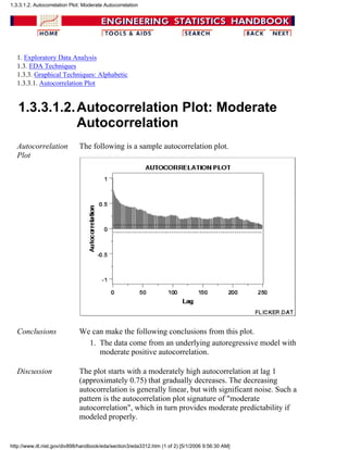 1. Exploratory Data Analysis
1.3. EDA Techniques
1.3.3. Graphical Techniques: Alphabetic
1.3.3.1. Autocorrelation Plot
1.3.3.1.2.Autocorrelation Plot: Moderate
Autocorrelation
Autocorrelation
Plot
The following is a sample autocorrelation plot.
Conclusions We can make the following conclusions from this plot.
The data come from an underlying autoregressive model with
moderate positive autocorrelation.
1.
Discussion The plot starts with a moderately high autocorrelation at lag 1
(approximately 0.75) that gradually decreases. The decreasing
autocorrelation is generally linear, but with significant noise. Such a
pattern is the autocorrelation plot signature of "moderate
autocorrelation", which in turn provides moderate predictability if
modeled properly.
1.3.3.1.2. Autocorrelation Plot: Moderate Autocorrelation
http://www.itl.nist.gov/div898/handbook/eda/section3/eda3312.htm (1 of 2) [5/1/2006 9:56:30 AM]
 