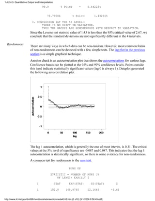 99.9 % POINT = 5.482234
76.79006 % Point: 1.432365
3. CONCLUSION (AT THE 5% LEVEL):
THERE IS NO SHIFT IN VARIATION.
THUS THE GROUPS ARE HOMOGENEOUS WITH RESPECT TO VARIATION.
Since the Levene test statistic value of 1.43 is less than the 95% critical value of 2.67, we
conclude that the standard deviations are not significantly different in the 4 intervals.
Randomness
There are many ways in which data can be non-random. However, most common forms
of non-randomness can be detected with a few simple tests. The lag plot in the previous
section is a simple graphical technique.
Another check is an autocorrelation plot that shows the autocorrelations for various lags.
Confidence bands can be plotted at the 95% and 99% confidence levels. Points outside
this band indicate statistically significant values (lag 0 is always 1). Dataplot generated
the following autocorrelation plot.
The lag 1 autocorrelation, which is generally the one of most interest, is 0.31. The critical
values at the 5% level of significance are -0.087 and 0.087. This indicates that the lag 1
autocorrelation is statistically significant, so there is some evidence for non-randomness.
A common test for randomness is the runs test.
RUNS UP
STATISTIC = NUMBER OF RUNS UP
OF LENGTH EXACTLY I
I STAT EXP(STAT) SD(STAT) Z
1 102.0 145.8750 12.1665 -3.61
1.4.2.4.3. Quantitative Output and Interpretation
http://www.itl.nist.gov/div898/handbook/eda/section4/eda4243.htm (3 of 8) [5/1/2006 9:58:49 AM]
 