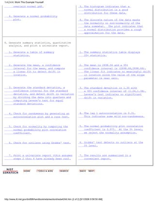 overlaid normal pdf.
4. Generate a normal probability
plot.
3. The histogram indicates that a
normal distribution is a good
distribution for these data.
4. The discrete nature of the data masks
the normality or non-normality of the
data somewhat. The plot indicates that
a normal distribution provides a rough
approximation for the data.
4. Generate summary statistics, quantitative
analysis, and print a univariate report.
1. Generate a table of summary
statistics.
2. Generate the mean, a confidence
interval for the mean, and compute
a linear fit to detect drift in
location.
3. Generate the standard deviation, a
confidence interval for the standard
deviation, and detect drift in variation
by dividing the data into quarters and
computing Levene's test for equal
standard deviations.
4. Check for randomness by generating an
autocorrelation plot and a runs test.
5. Check for normality by computing the
normal probability plot correlation
coefficient.
6. Check for outliers using Grubbs' test.
7. Print a univariate report (this assumes
steps 2 thru 6 have already been run).
1. The summary statistics table displays
25+ statistics.
2. The mean is 2898.56 and a 95%
confidence interval is (2898.46,2898.66).
The linear fit indicates no meaningful drift
in location since the value of the slope
parameter is near zero.
3. The standard devaition is 1.30 with
a 95% confidence interval of (1.24,1.38).
Levene's test indicates no significant
drift in variation.
4. The lag 1 autocorrelation is 0.31.
This indicates some mild non-randomness.
5. The normal probability plot correlation
coefficient is 0.975. At the 5% level,
we reject the normality assumption.
6. Grubbs' test detects no outliers at the
5% level.
7. The results are summarized in a
convenient report.
1.4.2.4.4. Work This Example Yourself
http://www.itl.nist.gov/div898/handbook/eda/section4/eda4244.htm (2 of 2) [5/1/2006 9:58:50 AM]
 