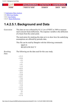 1. Exploratory Data Analysis
1.4. EDA Case Studies
1.4.2. Case Studies
1.4.2.5. Beam Deflections
1.4.2.5.1.Background and Data
Generation This data set was collected by H. S. Lew of NIST in 1969 to measure
steel-concrete beam deflections. The response variable is the deflection
of a beam from the center point.
The motivation for studying this data set is to show how the underlying
assumptions are affected by periodic data.
This file can be read by Dataplot with the following commands:
SKIP 25
READ LEW.DAT Y
Resulting
Data
The following are the data used for this case study.
-213
-564
-35
-15
141
115
-420
-360
203
-338
-431
194
-220
-513
154
-125
-559
92
-21
-579
1.4.2.5.1. Background and Data
http://www.itl.nist.gov/div898/handbook/eda/section4/eda4251.htm (1 of 6) [5/1/2006 9:58:50 AM]
 