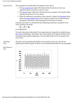 Interpretation The assumptions are addressed by the graphics shown above:
The run sequence plot (upper left) indicates that the data do not have any
significant shifts in location or scale over time.
1.
The lag plot (upper right) shows that the data are not random. The lag plot further
indicates the presence of a few outliers.
2.
When the randomness assumption is thus seriously violated, the histogram (lower
left) and normal probability plot (lower right) are ignored since determining the
distribution of the data is only meaningful when the data are random.
3.
From the above plots we conclude that the underlying randomness assumption is not
valid. Therefore, the model
is not appropriate.
We need to develop a better model. Non-random data can frequently be modeled using
time series mehtodology. Specifically, the circular pattern in the lag plot indicates that a
sinusoidal model might be appropriate. The sinusoidal model will be developed in the
next section.
Individual
Plots
The plots can be generated individually for more detail. In this case, only the run
sequence plot and the lag plot are drawn since the distributional plots are not meaningful.
Run Sequence
Plot
1.4.2.5.2. Test Underlying Assumptions
http://www.itl.nist.gov/div898/handbook/eda/section4/eda4252.htm (2 of 9) [5/1/2006 9:58:51 AM]
 