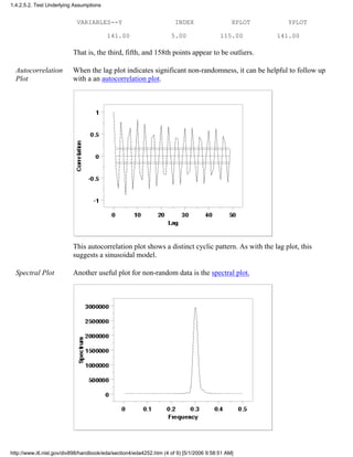 VARIABLES--Y INDEX XPLOT YPLOT
141.00 5.00 115.00 141.00
That is, the third, fifth, and 158th points appear to be outliers.
Autocorrelation
Plot
When the lag plot indicates significant non-randomness, it can be helpful to follow up
with a an autocorrelation plot.
This autocorrelation plot shows a distinct cyclic pattern. As with the lag plot, this
suggests a sinusoidal model.
Spectral Plot Another useful plot for non-random data is the spectral plot.
1.4.2.5.2. Test Underlying Assumptions
http://www.itl.nist.gov/div898/handbook/eda/section4/eda4252.htm (4 of 9) [5/1/2006 9:58:51 AM]
 