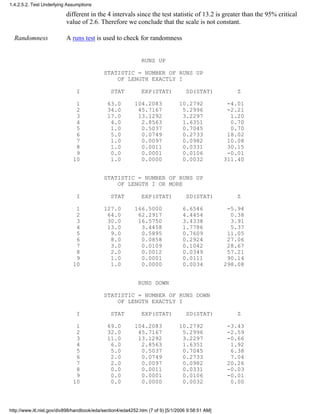different in the 4 intervals since the test statistic of 13.2 is greater than the 95% critical
value of 2.6. Therefore we conclude that the scale is not constant.
Randomness A runs test is used to check for randomness
RUNS UP
STATISTIC = NUMBER OF RUNS UP
OF LENGTH EXACTLY I
I STAT EXP(STAT) SD(STAT) Z
1 63.0 104.2083 10.2792 -4.01
2 34.0 45.7167 5.2996 -2.21
3 17.0 13.1292 3.2297 1.20
4 4.0 2.8563 1.6351 0.70
5 1.0 0.5037 0.7045 0.70
6 5.0 0.0749 0.2733 18.02
7 1.0 0.0097 0.0982 10.08
8 1.0 0.0011 0.0331 30.15
9 0.0 0.0001 0.0106 -0.01
10 1.0 0.0000 0.0032 311.40
STATISTIC = NUMBER OF RUNS UP
OF LENGTH I OR MORE
I STAT EXP(STAT) SD(STAT) Z
1 127.0 166.5000 6.6546 -5.94
2 64.0 62.2917 4.4454 0.38
3 30.0 16.5750 3.4338 3.91
4 13.0 3.4458 1.7786 5.37
5 9.0 0.5895 0.7609 11.05
6 8.0 0.0858 0.2924 27.06
7 3.0 0.0109 0.1042 28.67
8 2.0 0.0012 0.0349 57.21
9 1.0 0.0001 0.0111 90.14
10 1.0 0.0000 0.0034 298.08
RUNS DOWN
STATISTIC = NUMBER OF RUNS DOWN
OF LENGTH EXACTLY I
I STAT EXP(STAT) SD(STAT) Z
1 69.0 104.2083 10.2792 -3.43
2 32.0 45.7167 5.2996 -2.59
3 11.0 13.1292 3.2297 -0.66
4 6.0 2.8563 1.6351 1.92
5 5.0 0.5037 0.7045 6.38
6 2.0 0.0749 0.2733 7.04
7 2.0 0.0097 0.0982 20.26
8 0.0 0.0011 0.0331 -0.03
9 0.0 0.0001 0.0106 -0.01
10 0.0 0.0000 0.0032 0.00
1.4.2.5.2. Test Underlying Assumptions
http://www.itl.nist.gov/div898/handbook/eda/section4/eda4252.htm (7 of 9) [5/1/2006 9:58:51 AM]
 