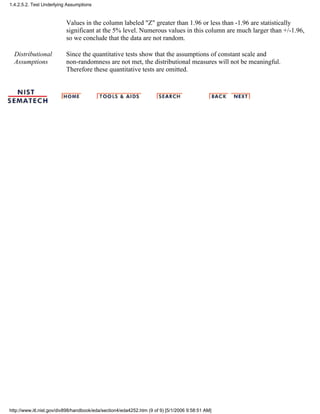 Values in the column labeled "Z" greater than 1.96 or less than -1.96 are statistically
significant at the 5% level. Numerous values in this column are much larger than +/-1.96,
so we conclude that the data are not random.
Distributional
Assumptions
Since the quantitative tests show that the assumptions of constant scale and
non-randomness are not met, the distributional measures will not be meaningful.
Therefore these quantitative tests are omitted.
1.4.2.5.2. Test Underlying Assumptions
http://www.itl.nist.gov/div898/handbook/eda/section4/eda4252.htm (9 of 9) [5/1/2006 9:58:51 AM]
 