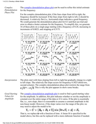 Complex
Demodulation
Phase Plot
The complex demodulation phase plot can be used to refine this initial estimate
for the frequency.
For the complex demodulation plot, if the lines slope from left to right, the
frequency should be increased. If the lines slope from right to left, it should be
decreased. A relatively flat (i.e., horizontal) slope indicates a good frequency.
We could generate the demodulation phase plot for 0.3 and then use trial and
error to obtain a better estimate for the frequency. To simplify this, we generate
16 of these plots on a single page starting with a frequency of 0.28, increasing in
increments of 0.0025, and stopping at 0.3175.
Interpretation The plots start with lines sloping from left to right but gradually change to a right
to left slope. The relatively flat slope occurs for frequency 0.3025 (third row,
second column). The complex demodulation phase plot restricts the range from
to . This is why the plot appears to show some breaks.
Good Starting
Values for
Amplitude
The complex demodulation amplitude plot is used to find a good starting value
for the amplitude. In addition, this plot indicates whether or not the amplitude is
constant over the entire range of the data or if it varies. If the plot is essentially
flat, i.e., zero slope, then it is reasonable to assume a constant amplitude in the
non-linear model. However, if the slope varies over the range of the plot, we
may need to adjust the model to be:
That is, we replace with a function of time. A linear fit is specified in the
model above, but this can be replaced with a more elaborate function if needed.
1.4.2.5.3. Develop a Better Model
http://www.itl.nist.gov/div898/handbook/eda/section4/eda4253.htm (2 of 4) [5/1/2006 9:58:52 AM]
 