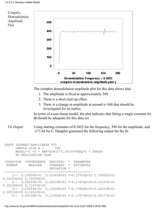 Complex
Demodulation
Amplitude
Plot
The complex demodulation amplitude plot for this data shows that:
The amplitude is fixed at approximately 390.1.
There is a short start-up effect.2.
There is a change in amplitude at around x=160 that should be
investigated for an outlier.
3.
In terms of a non-linear model, the plot indicates that fitting a single constant for
should be adequate for this data set.
Fit Output Using starting estimates of 0.3025 for the frequency, 390 for the amplitude, and
-177.44 for C, Dataplot generated the following output for the fit.
LEAST SQUARES NON-LINEAR FIT
SAMPLE SIZE N = 200
MODEL--Y =C + AMP*SIN(2*3.14159*FREQ*T + PHASE)
NO REPLICATION CASE
ITERATION CONVERGENCE RESIDUAL * PARAMETER
NUMBER MEASURE STANDARD * ESTIMATES
DEVIATION *
----------------------------------*-----------
1-- 0.10000E-01 0.52903E+03 *-0.17743E+03 0.39000E+03
0.30250E+00 0.10000E+01
2-- 0.50000E-02 0.22218E+03 *-0.17876E+03-0.33137E+03
0.30238E+00 0.71471E+00
3-- 0.25000E-02 0.15634E+03 *-0.17886E+03-0.24523E+03
0.30233E+00 0.14022E+01
4-- 0.96108E-01 0.15585E+03 *-0.17879E+03-0.36177E+03
1.4.2.5.3. Develop a Better Model
http://www.itl.nist.gov/div898/handbook/eda/section4/eda4253.htm (3 of 4) [5/1/2006 9:58:52 AM]
 