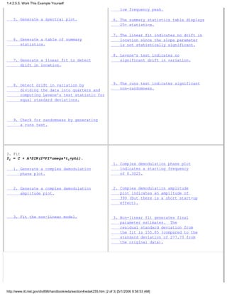 5. Generate a spectral plot.
6. Generate a table of summary
statistics.
7. Generate a linear fit to detect
drift in location.
8. Detect drift in variation by
dividing the data into quarters and
computing Levene's test statistic for
equal standard deviations.
9. Check for randomness by generating
a runs test.
low frequency peak.
6. The summary statistics table displays
25+ statistics.
7. The linear fit indicates no drift in
location since the slope parameter
is not statistically significant.
8. Levene's test indicates no
significant drift in variation.
9. The runs test indicates significant
non-randomness.
3. Fit
Yi = C + A*SIN(2*PI*omega*ti+phi).
1. Generate a complex demodulation
phase plot.
2. Generate a complex demodulation
amplitude plot.
3. Fit the non-linear model.
1. Complex demodulation phase plot
indicates a starting frequency
of 0.3025.
2. Complex demodulation amplitude
plot indicates an amplitude of
390 (but there is a short start-up
effect).
3. Non-linear fit generates final
parameter estimates. The
residual standard deviation from
the fit is 155.85 (compared to the
standard deviation of 277.73 from
the original data).
1.4.2.5.5. Work This Example Yourself
http://www.itl.nist.gov/div898/handbook/eda/section4/eda4255.htm (2 of 3) [5/1/2006 9:58:53 AM]
 