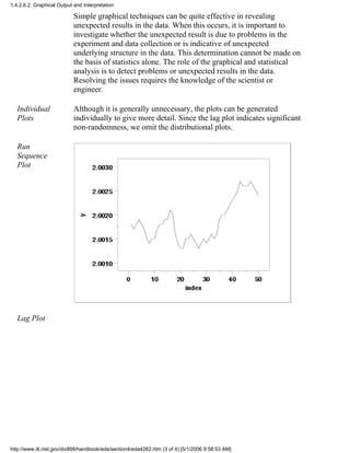 Simple graphical techniques can be quite effective in revealing
unexpected results in the data. When this occurs, it is important to
investigate whether the unexpected result is due to problems in the
experiment and data collection or is indicative of unexpected
underlying structure in the data. This determination cannot be made on
the basis of statistics alone. The role of the graphical and statistical
analysis is to detect problems or unexpected results in the data.
Resolving the issues requires the knowledge of the scientist or
engineer.
Individual
Plots
Although it is generally unnecessary, the plots can be generated
individually to give more detail. Since the lag plot indicates significant
non-randomness, we omit the distributional plots.
Run
Sequence
Plot
Lag Plot
1.4.2.6.2. Graphical Output and Interpretation
http://www.itl.nist.gov/div898/handbook/eda/section4/eda4262.htm (3 of 4) [5/1/2006 9:58:53 AM]
 