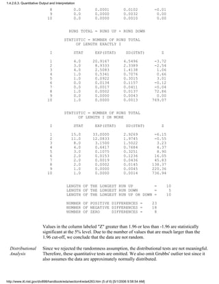8 0.0 0.0001 0.0102 -0.01
9 0.0 0.0000 0.0032 0.00
10 0.0 0.0000 0.0010 0.00
RUNS TOTAL = RUNS UP + RUNS DOWN
STATISTIC = NUMBER OF RUNS TOTAL
OF LENGTH EXACTLY I
I STAT EXP(STAT) SD(STAT) Z
1 4.0 20.9167 4.5496 -3.72
2 3.0 8.9333 2.3389 -2.54
3 4.0 2.5083 1.4138 1.06
4 1.0 0.5341 0.7076 0.66
5 1.0 0.0922 0.3015 3.01
6 0.0 0.0134 0.1157 -0.12
7 0.0 0.0017 0.0411 -0.04
8 1.0 0.0002 0.0137 72.86
9 0.0 0.0000 0.0043 0.00
10 1.0 0.0000 0.0013 769.07
STATISTIC = NUMBER OF RUNS TOTAL
OF LENGTH I OR MORE
I STAT EXP(STAT) SD(STAT) Z
1 15.0 33.0000 2.9269 -6.15
2 11.0 12.0833 1.9745 -0.55
3 8.0 3.1500 1.5022 3.23
4 4.0 0.6417 0.7684 4.37
5 3.0 0.1075 0.3251 8.90
6 2.0 0.0153 0.1236 16.05
7 2.0 0.0019 0.0436 45.83
8 2.0 0.0002 0.0145 138.37
9 1.0 0.0000 0.0045 220.36
10 1.0 0.0000 0.0014 736.94
LENGTH OF THE LONGEST RUN UP = 10
LENGTH OF THE LONGEST RUN DOWN = 5
LENGTH OF THE LONGEST RUN UP OR DOWN = 10
NUMBER OF POSITIVE DIFFERENCES = 23
NUMBER OF NEGATIVE DIFFERENCES = 18
NUMBER OF ZERO DIFFERENCES = 8
Values in the column labeled "Z" greater than 1.96 or less than -1.96 are statistically
significant at the 5% level. Due to the number of values that are much larger than the
1.96 cut-off, we conclude that the data are not random.
Distributional
Analysis
Since we rejected the randomness assumption, the distributional tests are not meaningful.
Therefore, these quantitative tests are omitted. We also omit Grubbs' outlier test since it
also assumes the data are approximately normally distributed.
1.4.2.6.3. Quantitative Output and Interpretation
http://www.itl.nist.gov/div898/handbook/eda/section4/eda4263.htm (5 of 6) [5/1/2006 9:58:54 AM]
 