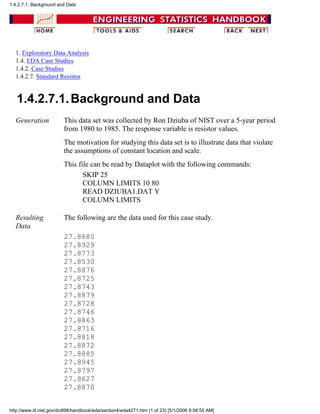 1. Exploratory Data Analysis
1.4. EDA Case Studies
1.4.2. Case Studies
1.4.2.7. Standard Resistor
1.4.2.7.1.Background and Data
Generation This data set was collected by Ron Dziuba of NIST over a 5-year period
from 1980 to 1985. The response variable is resistor values.
The motivation for studying this data set is to illustrate data that violate
the assumptions of constant location and scale.
This file can be read by Dataplot with the following commands:
SKIP 25
COLUMN LIMITS 10 80
READ DZIUBA1.DAT Y
COLUMN LIMITS
Resulting
Data
The following are the data used for this case study.
27.8680
27.8929
27.8773
27.8530
27.8876
27.8725
27.8743
27.8879
27.8728
27.8746
27.8863
27.8716
27.8818
27.8872
27.8885
27.8945
27.8797
27.8627
27.8870
1.4.2.7.1. Background and Data
http://www.itl.nist.gov/div898/handbook/eda/section4/eda4271.htm (1 of 23) [5/1/2006 9:58:55 AM]
 