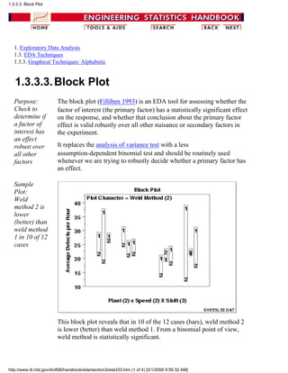 1. Exploratory Data Analysis
1.3. EDA Techniques
1.3.3. Graphical Techniques: Alphabetic
1.3.3.3.Block Plot
Purpose:
Check to
determine if
a factor of
interest has
an effect
robust over
all other
factors
The block plot (Filliben 1993) is an EDA tool for assessing whether the
factor of interest (the primary factor) has a statistically significant effect
on the response, and whether that conclusion about the primary factor
effect is valid robustly over all other nuisance or secondary factors in
the experiment.
It replaces the analysis of variance test with a less
assumption-dependent binomial test and should be routinely used
whenever we are trying to robustly decide whether a primary factor has
an effect.
Sample
Plot:
Weld
method 2 is
lower
(better) than
weld method
1 in 10 of 12
cases
This block plot reveals that in 10 of the 12 cases (bars), weld method 2
is lower (better) than weld method 1. From a binomial point of view,
weld method is statistically significant.
1.3.3.3. Block Plot
http://www.itl.nist.gov/div898/handbook/eda/section3/eda333.htm (1 of 4) [5/1/2006 9:56:32 AM]
 