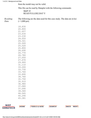 from the model may not be valid.
This file can be read by Dataplot with the following commands:
SKIP 25
READ FULLER2.DAT Y
Resulting
Data
The following are the data used for this case study. The data are in ksi
(= 1,000 psi).
18.830
20.800
21.657
23.030
23.230
24.050
24.321
25.500
25.520
25.800
26.690
26.770
26.780
27.050
27.670
29.900
31.110
33.200
33.730
33.760
33.890
34.760
35.750
35.910
36.980
37.080
37.090
39.580
44.045
45.290
45.381
1.4.2.9.1. Background and Data
http://www.itl.nist.gov/div898/handbook/eda/section4/eda4291.htm (2 of 2) [5/1/2006 9:58:59 AM]
 