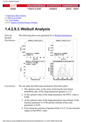 1. Exploratory Data Analysis
1.4. EDA Case Studies
1.4.2. Case Studies
1.4.2.9. Airplane Polished Window Strength
1.4.2.9.3.Weibull Analysis
Plots for
Weibull
Distribution
The following plots were generated for a Weibull distribution.
Conclusions We can make the following conclusions from these plots.
The optimal value, in the sense of having the most linear
probability plot, of the shape parameter gamma is 2.13.
1.
At the optimal value of the shape parameter, the PPCC value is
0.988.
2.
At the optimal value of the shape parameter, the estimate of the
location parameter is 15.90 and the estimate of the scale
parameter is 16.92.
3.
Fine tuning the estimate of gamma (from 2 to 2.13) has minimal
impact on the PPCC value.
4.
1.4.2.9.3. Weibull Analysis
http://www.itl.nist.gov/div898/handbook/eda/section4/eda4293.htm (1 of 3) [5/1/2006 9:59:00 AM]
 