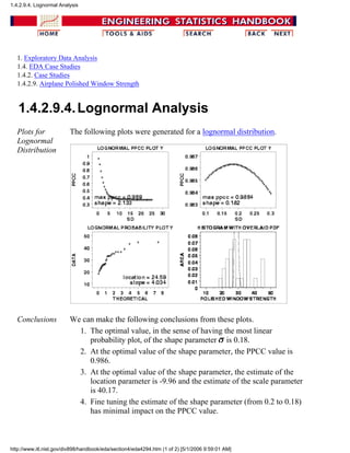 1. Exploratory Data Analysis
1.4. EDA Case Studies
1.4.2. Case Studies
1.4.2.9. Airplane Polished Window Strength
1.4.2.9.4.Lognormal Analysis
Plots for
Lognormal
Distribution
The following plots were generated for a lognormal distribution.
Conclusions We can make the following conclusions from these plots.
The optimal value, in the sense of having the most linear
probability plot, of the shape parameter is 0.18.
1.
At the optimal value of the shape parameter, the PPCC value is
0.986.
2.
At the optimal value of the shape parameter, the estimate of the
location parameter is -9.96 and the estimate of the scale parameter
is 40.17.
3.
Fine tuning the estimate of the shape parameter (from 0.2 to 0.18)
has minimal impact on the PPCC value.
4.
1.4.2.9.4. Lognormal Analysis
http://www.itl.nist.gov/div898/handbook/eda/section4/eda4294.htm (1 of 2) [5/1/2006 9:59:01 AM]
 