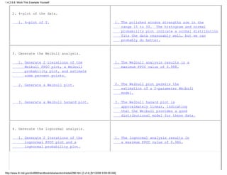 2. 4-plot of the data.
1. 4-plot of Y. 1. The polished window strengths are in the
range 15 to 50. The histogram and normal
probability plot indicate a normal distribution
fits the data reasonably well, but we can
probably do better.
3. Generate the Weibull analysis.
1. Generate 2 iterations of the
Weibull PPCC plot, a Weibull
probability plot, and estimate
some percent points.
2. Generate a Weibull plot.
3. Generate a Weibull hazard plot.
1. The Weibull analysis results in a
maximum PPCC value of 0.988.
2. The Weibull plot permits the
estimation of a 2-parameter Weibull
model.
3. The Weibull hazard plot is
approximately linear, indicating
that the Weibull provides a good
distributional model for these data.
4. Generate the lognormal analysis.
1. Generate 2 iterations of the
lognormal PPCC plot and a
lognormal probability plot.
1. The lognormal analysis results in
a maximum PPCC value of 0.986.
1.4.2.9.8. Work This Example Yourself
http://www.itl.nist.gov/div898/handbook/eda/section4/eda4298.htm (2 of 4) [5/1/2006 9:59:09 AM]
 