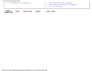 for Weibull distribution. test indicates the lognormal
distribution provides an adequate
fit to the data.
1.4.2.9.8. Work This Example Yourself
http://www.itl.nist.gov/div898/handbook/eda/section4/eda4298.htm (4 of 4) [5/1/2006 9:59:09 AM]
 