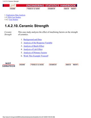 1. Exploratory Data Analysis
1.4. EDA Case Studies
1.4.2. Case Studies
1.4.2.10.Ceramic Strength
Ceramic
Strength
This case study analyzes the effect of machining factors on the strength
of ceramics.
Background and Data1.
Analysis of the Response Variable2.
Analysis of Batch Effect3.
Analysis of Lab Effect4.
Analysis of Primary Factors5.
Work This Example Yourself6.
1.4.2.10. Ceramic Strength
http://www.itl.nist.gov/div898/handbook/eda/section4/eda42a.htm [5/1/2006 9:59:09 AM]
 
