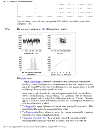 * = * NORMAL PPCC = 0.9906310E+00
*
* = * TUK -.5 PPCC = 0.8357126E+00
*
* = * CAUCHY PPCC = 0.5063868E+00
*
***********************************************************************
From the above output, the mean strength is 650.08 and the standard deviation of the
strength is 74.64.
4-Plot The next step is generate a 4-plot of the response variable.
This 4-plot shows:
The run sequence plot (upper left corner) shows that the location and scale are
relatively constant. It also shows a few outliers on the low side. Most of the points
are in the range 500 to 750. However, there are about half a dozen points in the 300
to 450 range that may require special attention.
A run sequence plot is useful for designed experiments in that it can reveal time
effects. Time is normally a nuisance factor. That is, the time order on which runs
are made should not have a significant effect on the response. If a time effect does
appear to exist, this means that there is a potential bias in the experiment that needs
to be investigated and resolved.
1.
The lag plot (the upper right corner) does not show any significant structure. This
is another tool for detecting any potential time effect.
2.
The histogram (the lower left corner) shows the response appears to be reasonably
symmetric, but with a bimodal distribution.
3.
The normal probability plot (the lower right corner) shows some curvature
indicating that distributions other than the normal may provide a better fit.
4.
1.4.2.10.2. Analysis of the Response Variable
http://www.itl.nist.gov/div898/handbook/eda/section4/eda42a2.htm (2 of 3) [5/1/2006 9:59:10 AM]
 
