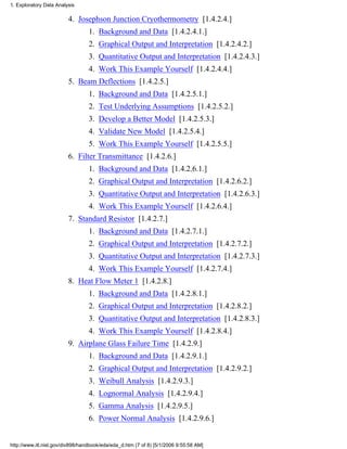 Josephson Junction Cryothermometry [1.4.2.4.]
Background and Data [1.4.2.4.1.]1.
Graphical Output and Interpretation [1.4.2.4.2.]2.
Quantitative Output and Interpretation [1.4.2.4.3.]3.
Work This Example Yourself [1.4.2.4.4.]4.
4.
Beam Deflections [1.4.2.5.]
Background and Data [1.4.2.5.1.]1.
Test Underlying Assumptions [1.4.2.5.2.]2.
Develop a Better Model [1.4.2.5.3.]3.
Validate New Model [1.4.2.5.4.]4.
Work This Example Yourself [1.4.2.5.5.]5.
5.
Filter Transmittance [1.4.2.6.]
Background and Data [1.4.2.6.1.]1.
Graphical Output and Interpretation [1.4.2.6.2.]2.
Quantitative Output and Interpretation [1.4.2.6.3.]3.
Work This Example Yourself [1.4.2.6.4.]4.
6.
Standard Resistor [1.4.2.7.]
Background and Data [1.4.2.7.1.]1.
Graphical Output and Interpretation [1.4.2.7.2.]2.
Quantitative Output and Interpretation [1.4.2.7.3.]3.
Work This Example Yourself [1.4.2.7.4.]4.
7.
Heat Flow Meter 1 [1.4.2.8.]
Background and Data [1.4.2.8.1.]1.
Graphical Output and Interpretation [1.4.2.8.2.]2.
Quantitative Output and Interpretation [1.4.2.8.3.]3.
Work This Example Yourself [1.4.2.8.4.]4.
8.
Airplane Glass Failure Time [1.4.2.9.]
Background and Data [1.4.2.9.1.]1.
Graphical Output and Interpretation [1.4.2.9.2.]2.
Weibull Analysis [1.4.2.9.3.]3.
Lognormal Analysis [1.4.2.9.4.]4.
Gamma Analysis [1.4.2.9.5.]5.
Power Normal Analysis [1.4.2.9.6.]6.
9.
1. Exploratory Data Analysis
http://www.itl.nist.gov/div898/handbook/eda/eda_d.htm (7 of 8) [5/1/2006 9:55:58 AM]
 