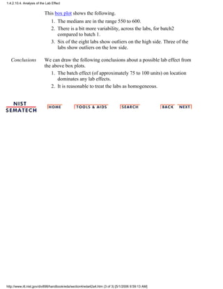 This box plot shows the following.
The medians are in the range 550 to 600.1.
There is a bit more variability, across the labs, for batch2
compared to batch 1.
2.
Six of the eight labs show outliers on the high side. Three of the
labs show outliers on the low side.
3.
Conclusions We can draw the following conclusions about a possible lab effect from
the above box plots.
The batch effect (of approximately 75 to 100 units) on location
dominates any lab effects.
1.
It is reasonable to treat the labs as homogeneous.2.
1.4.2.10.4. Analysis of the Lab Effect
http://www.itl.nist.gov/div898/handbook/eda/section4/eda42a4.htm (3 of 3) [5/1/2006 9:59:13 AM]
 