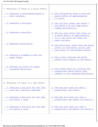 3. Determine if there is a batch effect.
1. Generate a bihistogram based on
the 2 batches.
2. Generate a q-q plot.
3. Generate a box plot.
4. Generate block plots.
5. Perform a 2-sample t-test for
equal means.
6. Perform an F-test for equal
standard deviations.
1. The bihistogram shows a distinct
batch effect of approximately
75 units.
2. The q-q plot shows that batch 1
and batch 2 do not come from a
common distribution.
3. The box plot shows that there is
a batch effect of approximately
75 to 100 units and there are
some outliers.
4. The block plot shows that the batch
effect is consistent across labs
and levels of the primary factor.
5. The t-test confirms the batch
effect with respect to the means.
6. The F-test does not indicate any
significant batch effect with
respect to the standard deviations.
4. Determine if there is a lab effect.
1. Generate a box plot for the labs
with the 2 batches combined.
2. Generate a box plot for the labs
for batch 1 only.
3. Generate a box plot for the labs
for batch 2 only.
1. The box plot does not show a
significant lab effect.
2. The box plot does not show a
significant lab effect for batch 1.
3. The box plot does not show a
significant lab effect for batch 2.
1.4.2.10.6. Work This Example Yourself
http://www.itl.nist.gov/div898/handbook/eda/section4/eda42a6.htm (2 of 3) [5/1/2006 9:59:15 AM]
 