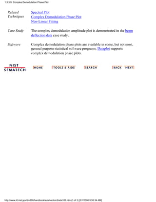 Related
Techniques
Spectral Plot
Complex Demodulation Phase Plot
Non-Linear Fitting
Case Study The complex demodulation amplitude plot is demonstrated in the beam
deflection data case study.
Software Complex demodulation phase plots are available in some, but not most,
general purpose statistical software programs. Dataplot supports
complex demodulation phase plots.
1.3.3.9. Complex Demodulation Phase Plot
http://www.itl.nist.gov/div898/handbook/eda/section3/eda339.htm (3 of 3) [5/1/2006 9:56:34 AM]
 