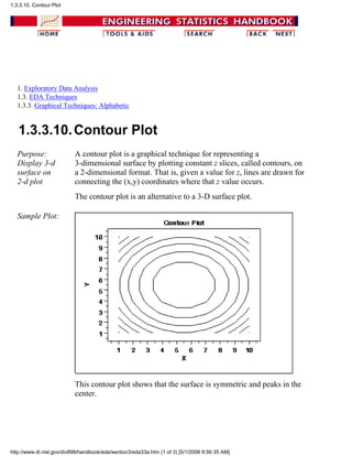 1. Exploratory Data Analysis
1.3. EDA Techniques
1.3.3. Graphical Techniques: Alphabetic
1.3.3.10.Contour Plot
Purpose:
Display 3-d
surface on
2-d plot
A contour plot is a graphical technique for representing a
3-dimensional surface by plotting constant z slices, called contours, on
a 2-dimensional format. That is, given a value for z, lines are drawn for
connecting the (x,y) coordinates where that z value occurs.
The contour plot is an alternative to a 3-D surface plot.
Sample Plot:
This contour plot shows that the surface is symmetric and peaks in the
center.
1.3.3.10. Contour Plot
http://www.itl.nist.gov/div898/handbook/eda/section3/eda33a.htm (1 of 3) [5/1/2006 9:56:35 AM]
 