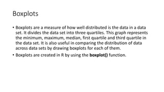 Boxplots
• Boxplots are a measure of how well distributed is the data in a data
set. It divides the data set into three quartiles. This graph represents
the minimum, maximum, median, first quartile and third quartile in
the data set. It is also useful in comparing the distribution of data
across data sets by drawing boxplots for each of them.
• Boxplots are created in R by using the boxplot() function.
 