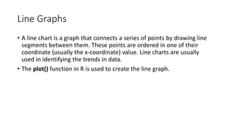 Line Graphs
• A line chart is a graph that connects a series of points by drawing line
segments between them. These points are ordered in one of their
coordinate (usually the x-coordinate) value. Line charts are usually
used in identifying the trends in data.
• The plot() function in R is used to create the line graph.
 