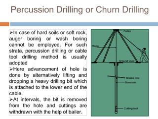 Percussion Drilling or Churn Drilling
In case of hard soils or soft rock,
auger boring or wash boring
cannot be employed. For such
strata, percussion drilling or cable
tool drilling method is usually
adopted
Here advancement of hole is
done by alternatively lifting and
dropping a heavy drilling bit which
is attached to the lower end of the
cable.
At intervals, the bit is removed
from the hole and cuttings are
withdrawn with the help of bailer.
 