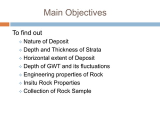 Main Objectives
To find out
 Nature of Deposit
 Depth and Thickness of Strata
 Horizontal extent of Deposit
 Depth of GWT and its fluctuations
 Engineering properties of Rock
 Insitu Rock Properties
 Collection of Rock Sample
 