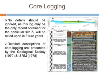 Core Logging
No details should be
ignored, as this log may be
the only record obtained for
the particular site & will be
relied upon in future years
Detailed descriptions of
core logging are presented
by the Geological Society
(1970) & ISRM (1978)
 