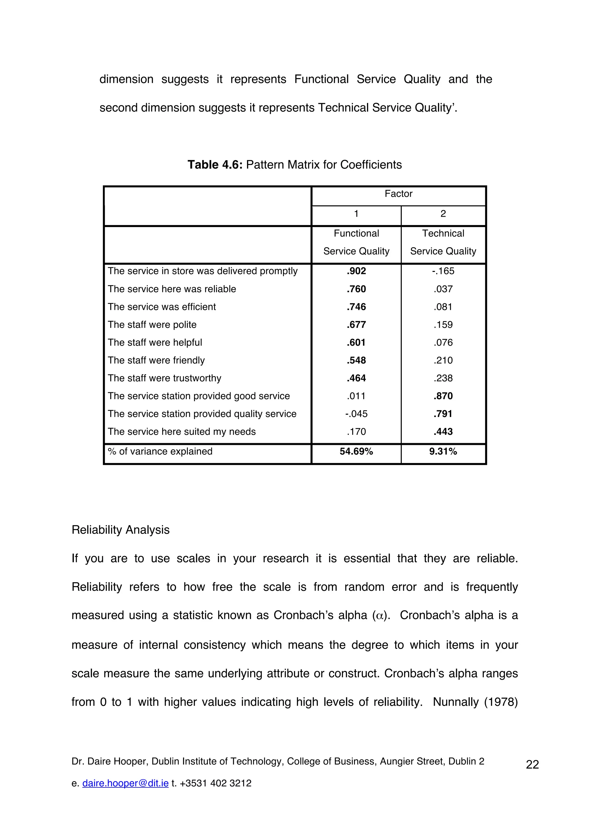 dimension suggests it represents Functional Service Quality and the

      second dimension suggests it represents Technical Service Quality’.



                          Table 4.6: Pattern Matrix for Coefficients

                                                                         Factor

                                                                1                    2

                                                            Functional            Technical
                                                         Service Quality      Service Quality

        The service in store was delivered promptly            .902                 -.165
        The service here was reliable                          .760                 .037
        The service was efficient                              .746                 .081
        The staff were polite                                  .677                 .159
        The staff were helpful                                 .601                 .076
        The staff were friendly                                .548                 .210
        The staff were trustworthy                             .464                 .238
        The service station provided good service              .011                 .870
        The service station provided quality service          -.045                 .791
        The service here suited my needs                       .170                 .443

        % of variance explained                              54.69%                9.31%




Reliability Analysis

If you are to use scales in your research it is essential that they are reliable.

Reliability refers to how free the scale is from random error and is frequently

measured using a statistic known as Cronbach’s alpha (α). Cronbach’s alpha is a

measure of internal consistency which means the degree to which items in your

scale measure the same underlying attribute or construct. Cronbach’s alpha ranges

from 0 to 1 with higher values indicating high levels of reliability. Nunnally (1978)



Dr. Daire Hooper, Dublin Institute of Technology, College of Business, Aungier Street, Dublin 2   22
e. daire.hooper@dit.ie t. +3531 402 3212
 