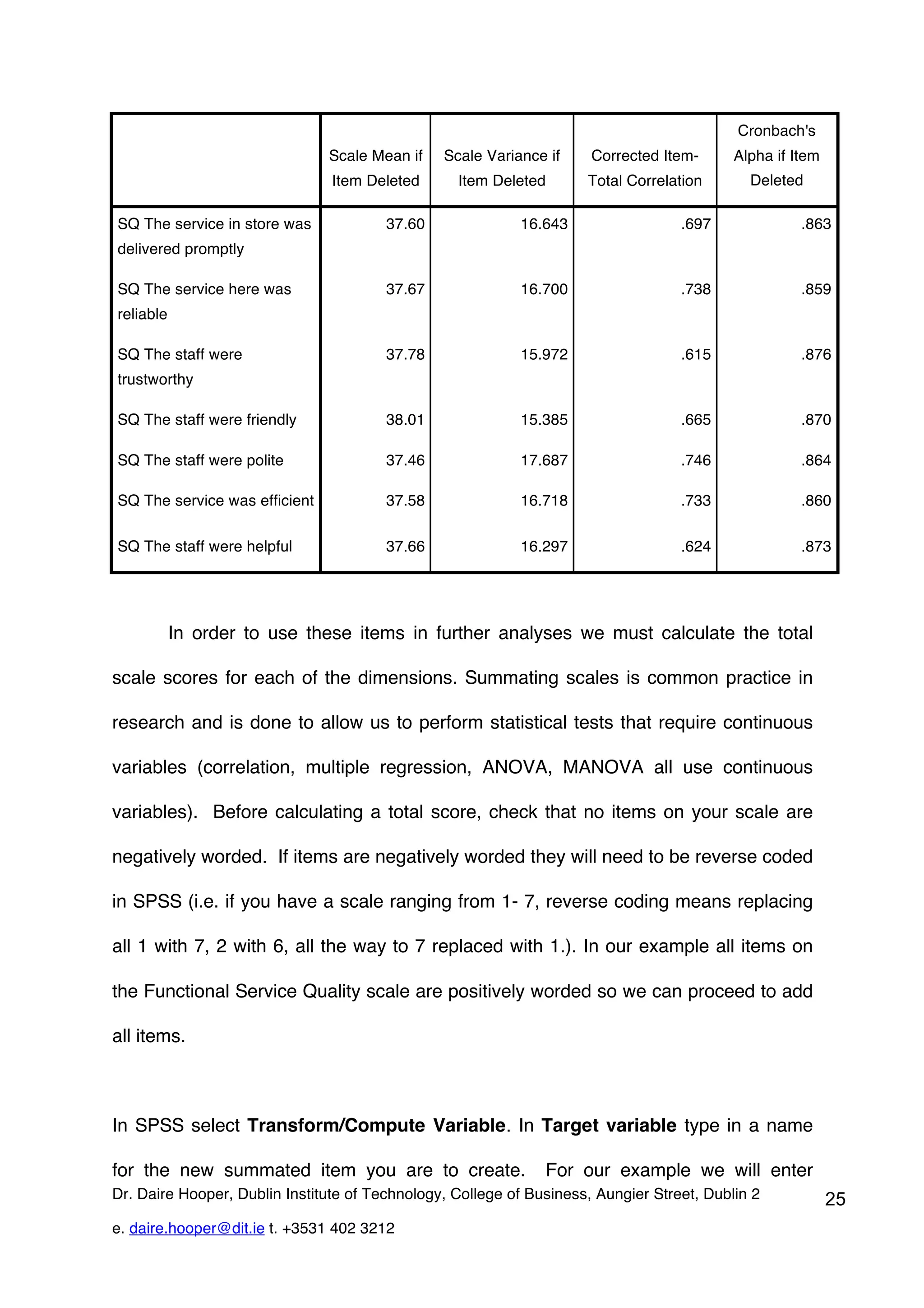Cronbach's
                               Scale Mean if    Scale Variance if     Corrected Item-      Alpha if Item
                                Item Deleted      Item Deleted       Total Correlation       Deleted

SQ The service in store was             37.60              16.643                  .697              .863
delivered promptly

SQ The service here was                 37.67              16.700                  .738              .859
reliable

SQ The staff were                       37.78              15.972                  .615              .876
trustworthy

SQ The staff were friendly              38.01              15.385                  .665              .870

SQ The staff were polite                37.46              17.687                  .746              .864

SQ The service was efficient            37.58              16.718                  .733              .860

SQ The staff were helpful               37.66              16.297                  .624              .873




           In order to use these items in further analyses we must calculate the total

scale scores for each of the dimensions. Summating scales is common practice in

research and is done to allow us to perform statistical tests that require continuous

variables (correlation, multiple regression, ANOVA, MANOVA all use continuous

variables). Before calculating a total score, check that no items on your scale are

negatively worded. If items are negatively worded they will need to be reverse coded

in SPSS (i.e. if you have a scale ranging from 1- 7, reverse coding means replacing

all 1 with 7, 2 with 6, all the way to 7 replaced with 1.). In our example all items on

the Functional Service Quality scale are positively worded so we can proceed to add

all items.



In SPSS select Transform/Compute Variable. In Target variable type in a name

for the new summated item you are to create.                   For our example we will enter
Dr. Daire Hooper, Dublin Institute of Technology, College of Business, Aungier Street, Dublin 2            25
e. daire.hooper@dit.ie t. +3531 402 3212
 