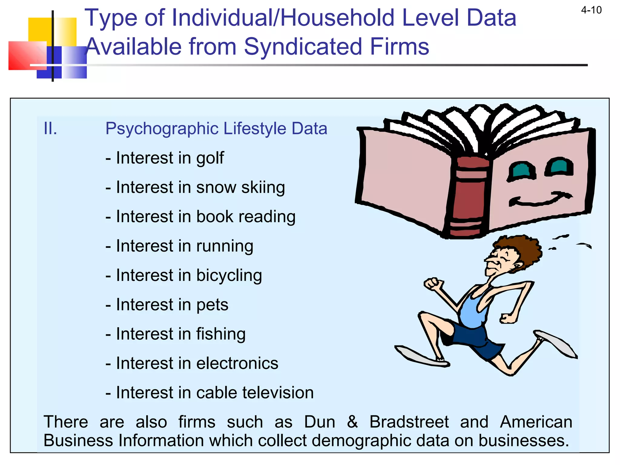 4-10
Type of Individual/Household Level Data
Available from Syndicated Firms
II. Psychographic Lifestyle Data
- Interest in golf
- Interest in snow skiing
- Interest in book reading
- Interest in running
- Interest in bicycling
- Interest in pets
- Interest in fishing
- Interest in electronics
- Interest in cable television
There are also firms such as Dun & Bradstreet and American
Business Information which collect demographic data on businesses.
 