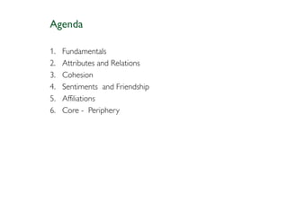 Agenda

1.   Fundamentals
2.   Attributes and Relations
3.   Cohesion
4.   Sentiments and Friendship
5.   Affiliations
6.   Core - Periphery
 