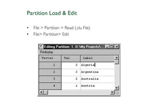 Partition Load & Edit

•   File > Partition > Read (.clu File)
•   File> Partition> Edit
 