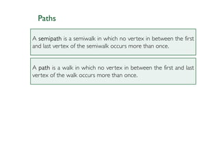 Paths

A semipath is a semiwalk in which no vertex in between the first
and last vertex of the semiwalk occurs more than once.


A path is a walk in which no vertex in between the first and last
vertex of the walk occurs more than once.
 