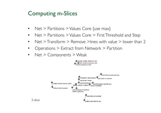 Computing m-Slices

•     Net > Partitions > Values Core {use max}
•     Net > Partitions > Values Core > First Threshold and Step
•     Net > Transform > Remove >lines with value > lower than 2
•     Operations > Extract from Network > Partition
•     Net > Components > Weak




    3-slice
 