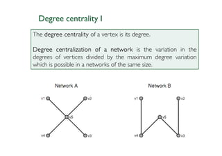 Degree centrality I
The degree centrality of a vertex is its degree.

Degree centralization of a network is the variation in the
degrees of vertices divided by the maximum degree variation
which is possible in a networks of the same size.
 