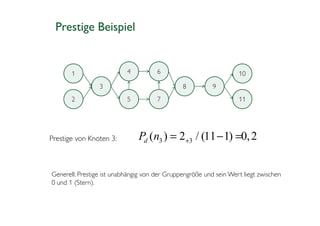 Prestige Beispiel


       1                   4          6                            10
                 3                             8          9
       2                   5          7                            11




Prestige von Knoten 3:         Pd (n3 ) = 2+3 / (11 − 1) =0, 2


Generell: Prestige ist unabhängig von der Gruppengröße und sein Wert liegt zwischen
0 und 1 (Stern).
 