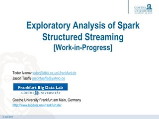 9. April 2018
Exploratory Analysis of Spark
Structured Streaming
[Work-in-Progress]
Todor Ivanov todor@dbis.cs.uni-frankfurt.de
Jason Taaffe jasontaaffe@yahoo.de
Goethe University Frankfurt am Main, Germany
http://www.bigdata.uni-frankfurt.de/
 