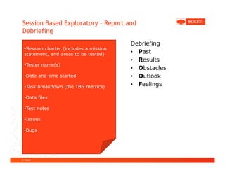 Session Based Exploratory – Report and
Debriefing
                                         Debriefing
  •Session charter (...